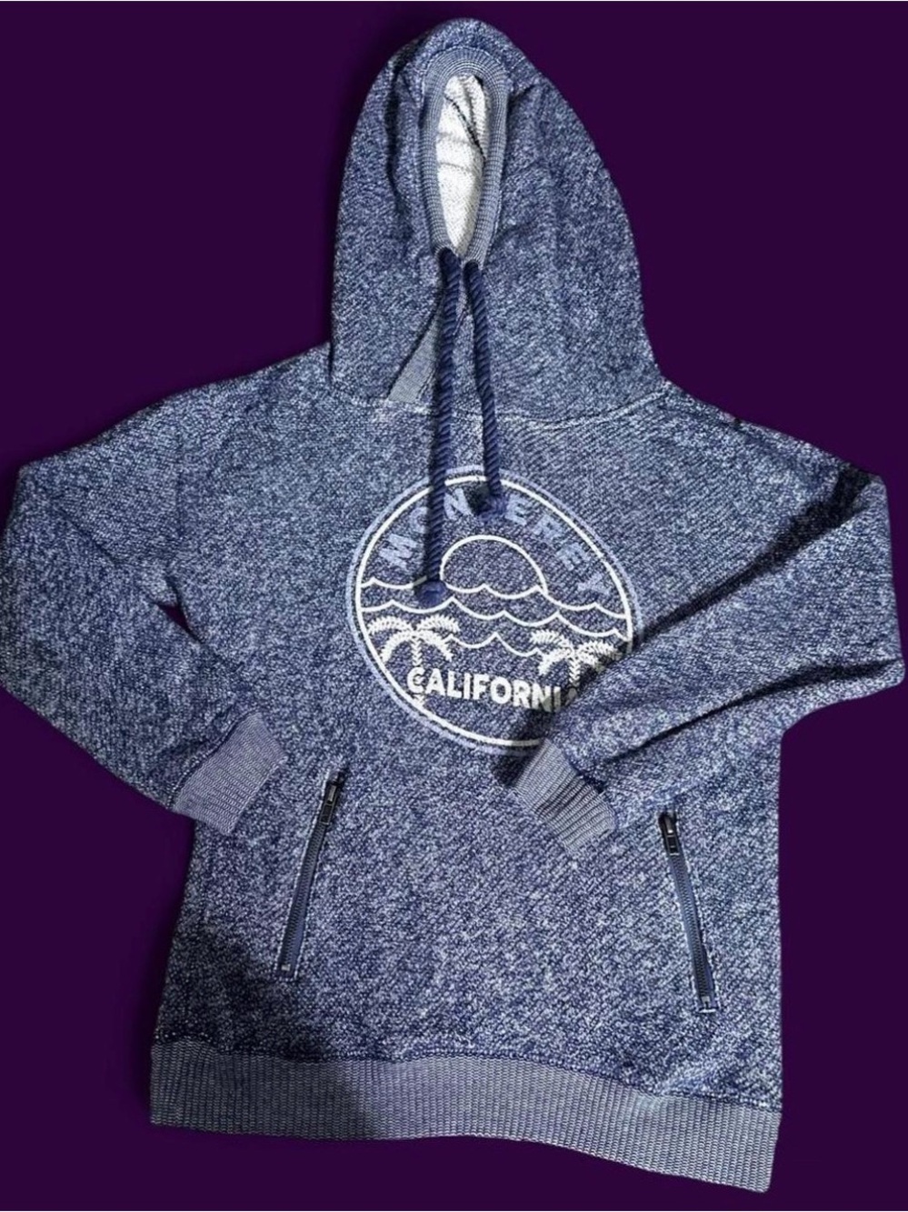 Blue Hooded Women's Sweater with Monterey California Graphic - Size S/M